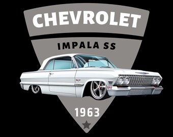Può includere: Una Chevrolet Impala SS bianca del 1963 con un logo grigio e bianco che dice "Chevrolet Impala SS 1963" sopra l'auto e una stella sotto l'auto.