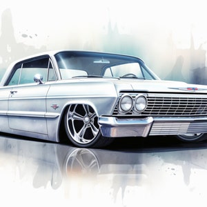 Könnte beinhalten: Ein silberner Chevrolet Impala von 1964 mit Chrom-Akzenten und großen Rädern. Das Auto steht auf einem weißen Hintergrund mit aquarellartigen Spritzereffekten.