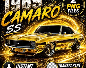1969 Camaro PNG Clipart, Gold Muscle Car SS Chevy Digital Download Bundle