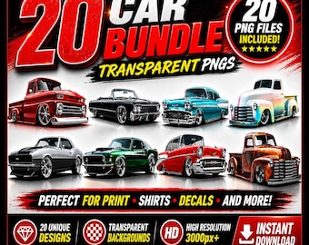 20 Classic Car PNG Bundle, Transparent Background Clipart, Muscle Car Digital Download