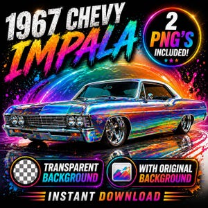 Könnte beinhalten: Eine digitale Illustration eines 1967er Chevy Impala in einem lebendigen Regenbogenfarbschema. Das Bild enthält den Text "1967 Chevy Impala", "2 PNG's INCLUDED!", "Transparent Background", "With Original Background" und "Instant Download".