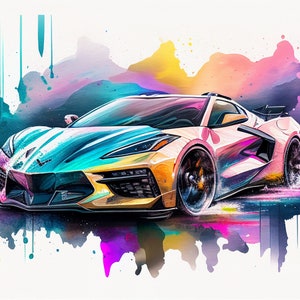 2023 Chevrolet Corvette Watercolor SVG, Wall Art, Sports Car, Sports Car SVG, Vintage Car SVG, Retro, Bowtie , Gift For Him, Downloadable