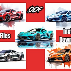 2023 Chevy Corvette 5 Bundle PNG files, Office Art, Wall Art, Muscle Car, Man Cave Decor, Gift for Him, Car poster, Canvas Art