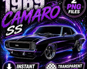 1969 Camaro PNG Clipart, Black Purple Muscle Car SS Chevy Digital Download