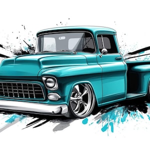May include: A teal blue vintage pickup truck with chrome accents and black wheels. The truck is set against a white background with black and blue paint splatters.