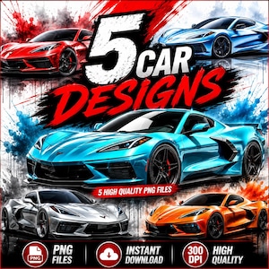 May include: An artistic digital illustration showcasing five sports car designs in vibrant colors: red, blue, silver, orange, and turquoise. The image features the text "5 CAR DESIGNS" and other text indicating high-quality PNG files and instant download.