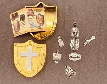 Armor of God Charms in Shield-Shaped Egg; Put on the Whole Armor of God; Armor of God Bible Lesson; Hands-On Bible-based Learning Kits