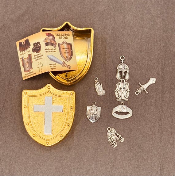 Armor of God Charms in Shield-Shaped Egg: Golden Egg; Christian Easter Egg; Religious Easter Egg; Easter Basket Filler, Easter Egg Hunt