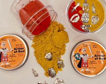 Armor of God Sensory Bin: Kinetic Sand and Bible Charms