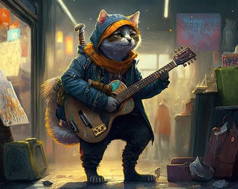 Home Décor, Adorable Animals Playing Music, Guitar - Downloadable Prints, Posters, and Wall Art Available Now!