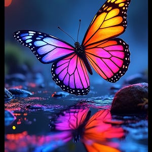 Puede incluir: Una mariposa vibrante con alas naranjas, rosas y azules está en vuelo sobre un cuerpo de agua tranquilo. El reflejo de la mariposa es visible en el agua.