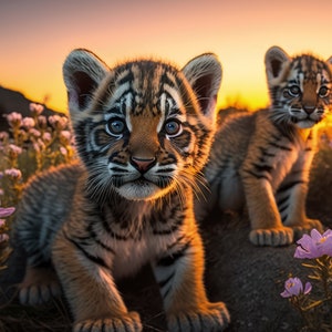 Baby Tigers Series - Download Stunning Digital Prints of Tigers Playing in a Field Wall Art, Poster!