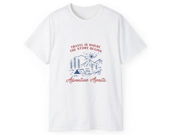 Adventure Awaits Travel Wanderlust Tee, Road Trip Vibe Shirt, Explore the World Tshirt, Vacation Gift Top, Journey Begins Unisex Cotton Top