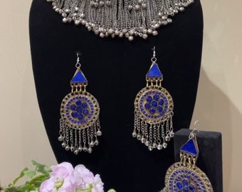 Handmade Afghan Full JewelrySet, Afghani Jewelry Set, Choker Necklace, Headpiece and Earrings,Available in Dark Blue, Pink, Blue, Multicolor