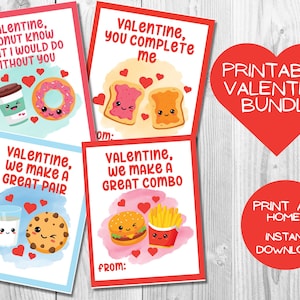 Printable Valentine Cards for Kids, Digital Valentine Cards, Cute Food ...