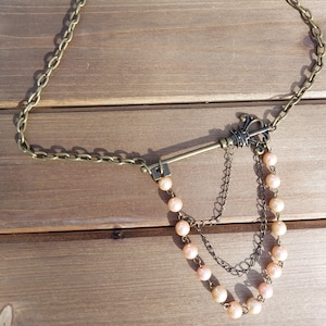Steampunk Key and Vintage Costume Pearl Necklace
