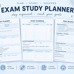 Può includere: Un pianificatore di studio per esami digitale di tre pagine con uno schema di colori azzurro. Le pagine presentano sezioni per programmi di studio, costruttori di sessioni di focus, registri di pratica e piani per il giorno dell'esame.