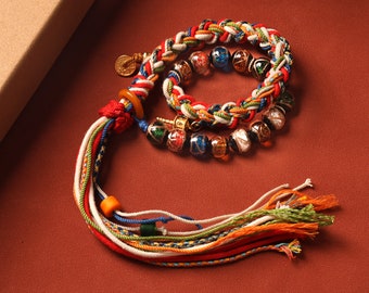 Tibetan Lucky Bracelet – Incense Ash Glaze Glass Beads, Handwoven Amulet