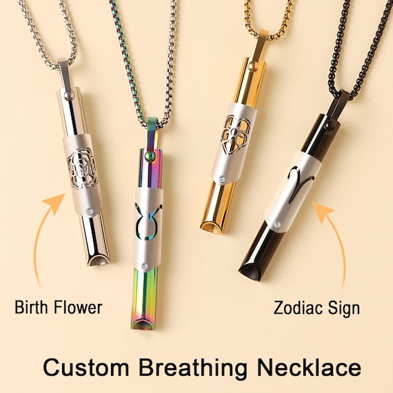 Custom Breathing Necklace for Birth Flower/Zodiac, Anxiety Relief Healing Calming Meditation Mindful Silent Whistle Yoga Gift Mother's Day
