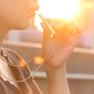May include: A gold chain necklace with a gold whistle pendant. The whistle is being held by a person's hand.