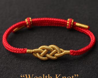 Hand-braided Red Wealth Knot Bracelet – Adjustable Cord Amulet