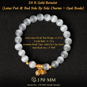 May include: White opal gemstone bracelet with gold lotus pod and bud charms. The bracelet is 190 mm in length and has a flexible/stretchy design.