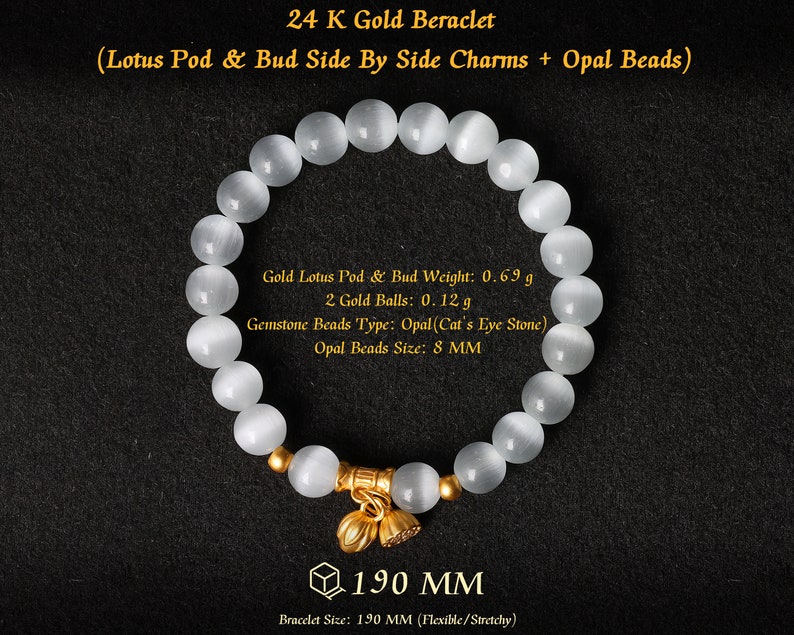 May include: White opal gemstone bracelet with gold lotus pod and bud charms. The bracelet is 190 mm in length and has a flexible/stretchy design.