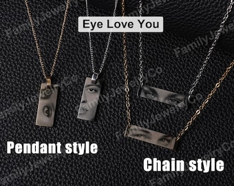 Collar con foto de ojo grabada personalizada, joyería personalizada de acero inoxidable