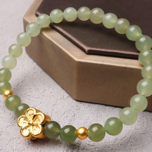 Real 24K Gold Cherry Blossom Bracelet, 24K Pure Gold Lucky Charm Handmade Bracelet, Green Onyx Fine Beaded Bracelet, Mother&#39;s day Gift