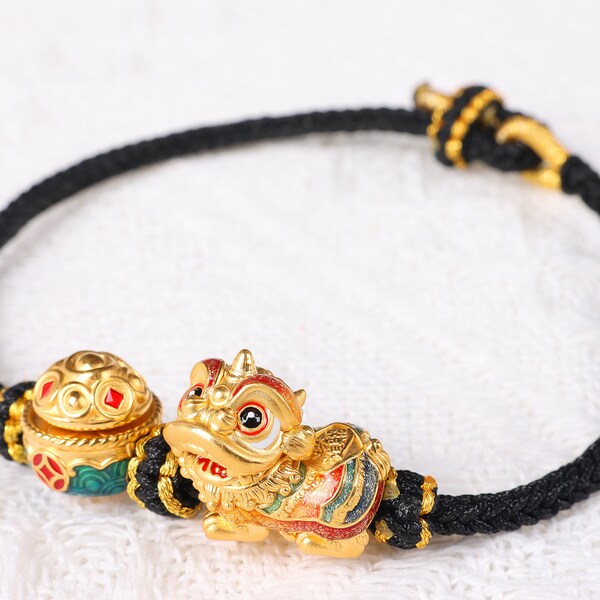 24K Gold Feng Shui Bracelets, Wealthy Lucky Bracelets Funny Playable - Mouth Openable Lion-Dance - Rotatable Treasure Bowl