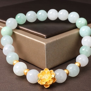 Lotus Gold Bracelets For Women Stretchy Charming 24K 999 Golden Flower White Light-Green Emerald Beads Gift for Mother Her Sister