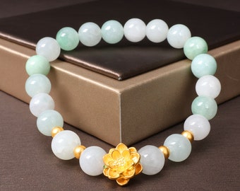 Lotus Gold Bracelets For Women Stretchy Charming 24K 999 Golden Flower White Light-Green Emerald Beads Gift for Mother Her Sister