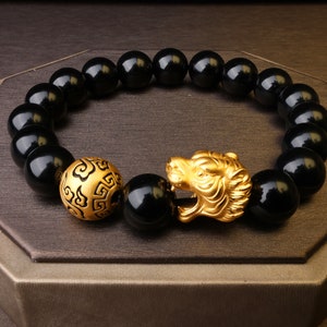 24K 999 Gold Lucky Bracelets, Money Catcher Gold Wealthy Tiger Pattern With Black Onyx Beads Stretchy, FengShui Luck Wealth Fortune