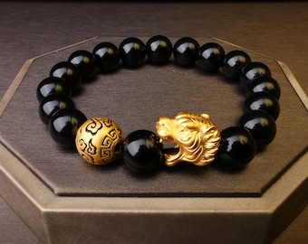 24K 999 Gold Glücksarmbänder, Geldfänger Gold Wohlhabende Tiger Muster mit schwarzen Onyx Perlen Dehnbar, FengShui Glück Reichtum Glück