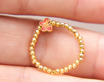 Butterfly Gold Ring Eternity Dainty Charm 24K 999 Stretchy With Colorful Double-side And Polyhedron Golden Beads Ball, Mother's Day Gift