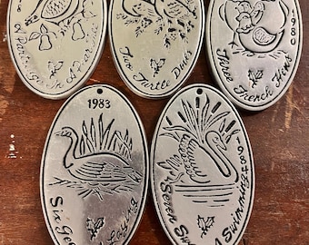 Wilton Armetale pewter Christmas ornaments from the "Twelve Days of Christmas" series Partridge, two turtle doves, three French hens, six ge