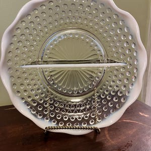 Fenton Moonstone Hobnail Opalescent Clear Glass Divided Bowl