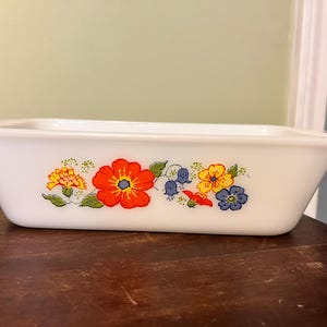 Glasbake milk glass loaf pan- floral design 1.5Qt - vintage baking glassware