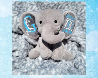 May include: Gray plush elephant stuffed animal with blue embroidered ears. One ear says "George G" and the other ear says "02-22-22 7 lbs 18 inches 8:58 AM".
