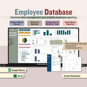 Arkusz kalkulacyjny menedżera bazy danych pracowników, panel zarządzania danymi HR i katalog pracowników, szablon działu kadr (Arkusze Google i Excel)