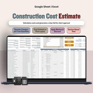 Può includere: Un computer portatile mostra un foglio di calcolo di stima dei costi di costruzione. Lo schermo mostra dati organizzati in colonne e righe. Sopra il portatile, il testo recita "Construction Cost Estimate" e "Calculates costs and generates a clear bid for client approval."