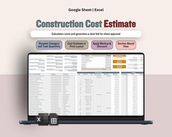 Calculateur d'estimation des coûts de construction, modèle d'estimation de l'offre imprimable numérique, planificateur d'estimation du projet de l'entrepreneur (feuilles Excel et Google)