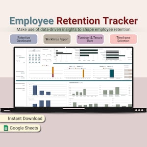 Human Resource Management Template, Retention Dashboard, Employee Data Tracker, HR KPI, Turnover Tenure Rate, Workforce Report Spreadsheet