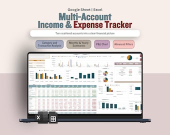 Multiple Accounts Income and Expense Spreadsheet, Personal Financial Spending Tracker, Small Business Bookkeeping (Excel & Google Sheets)
