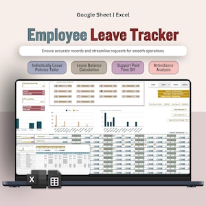 Puede incluir: Una computadora portátil que muestra una hoja de cálculo "Employee Leave Tracker". La pantalla presenta gráficos y tablas, con opciones como "Leave Balance Calculation" y "Attendance Analysis". El fondo es de color rosa pálido.