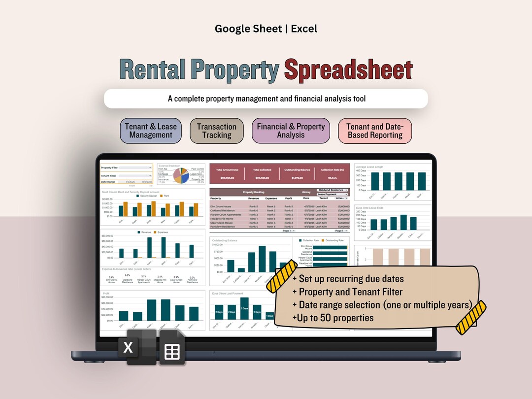 Printable Rental Bookkeeping Rental Property Spreadsheet: Multi Property Income and Expense Template ...