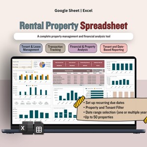 May include: A laptop screen shows a "Rental Property Spreadsheet" with the text "Google Sheet | Excel." The display features charts and data tables. It includes tenant management, financial analysis, and date range selection for up to 50 properties.