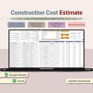 Construction Cost Estimate Calculator, Digital Printable Bid Estimate Template, Contractor Project Estimate Planner (Excel & Google Sheets)
