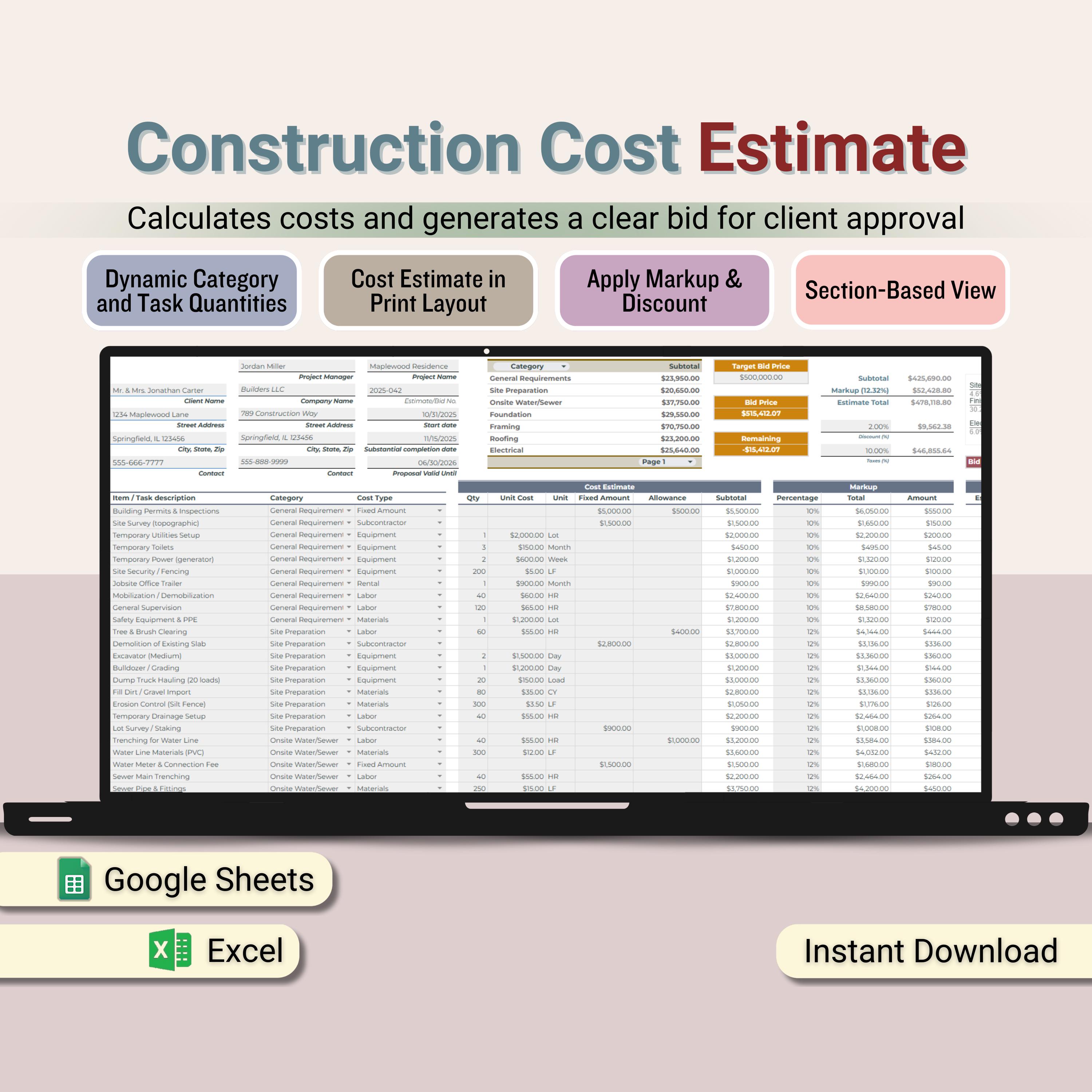Construction Cost Estimate Calculator, Digital Printable Bid Estimate ...