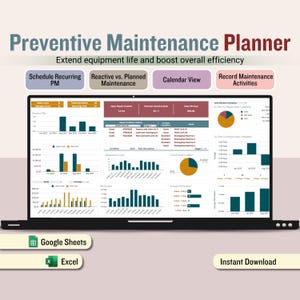 Maintenance Planner, Recurring Task Scheduling Planner, Maintenance Cost Tracker, Maintenance Management Dashboard (Excel & Google Sheets)